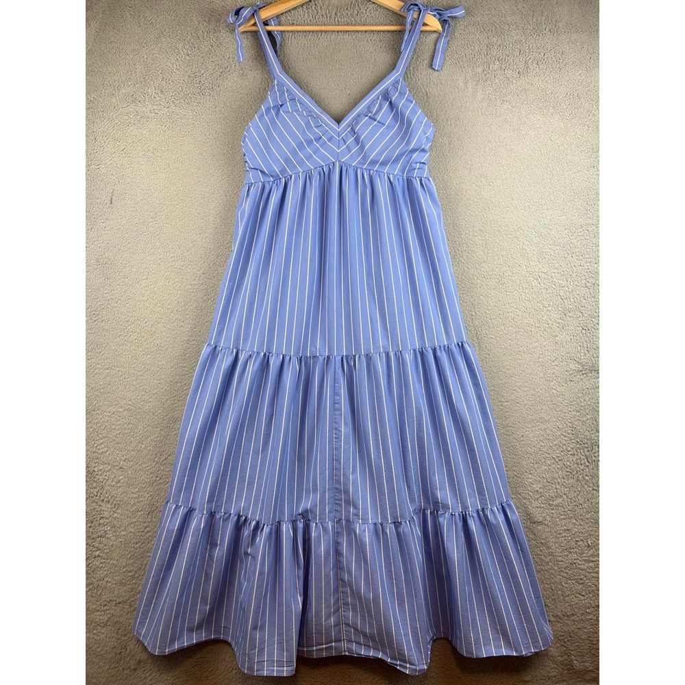 Express Blue White Striped Tiered Maxi Dress Tie Shoulder V-Neck Medium